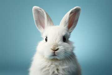 Close-up image of a white rabbit ear on a pastel blue background, symbolizing Easter and the playful nature of the holiday. Generative Ai.