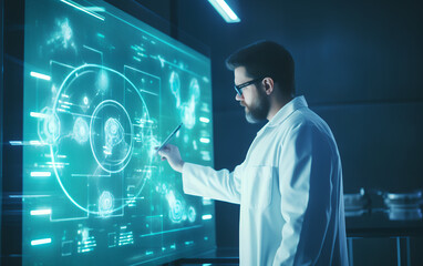 Fototapeta premium Scientist studying and developing new medicine, cure and vaccines on a futuristic screen display with technological features in his medical laboratory. Generative AI.