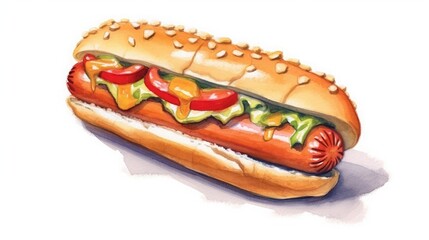 Hand drawn watercolor illustration of a hot dog on a white background.