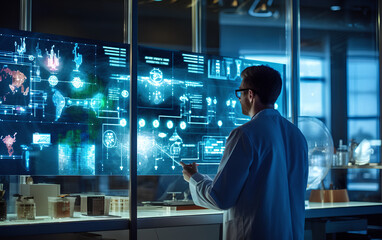 Scientist studying and developing new medicine, cure and vaccines on a futuristic screen display with technological features in his medical laboratory. Generative AI.