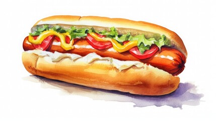 Hand drawn watercolor illustration of a hot dog on a white background.