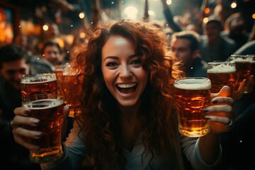 A joyful girl holds two glasses of beer in her hands and laughs merrily. Celebrating the annual national beer festival Oktoberfest. AI generation