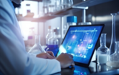 Scientist studying and developing new medicine, cure and vaccines on a futuristic screen display with technological features in his medical laboratory. Generative AI.