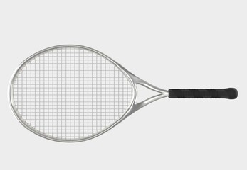 Silver tennis racket. Sport item for leisure activity. 3D illustration