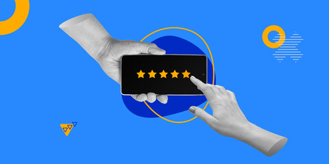 Feedback, quality assessment. Hand selects five-star rating on smartphone. Minimalistic art collage
