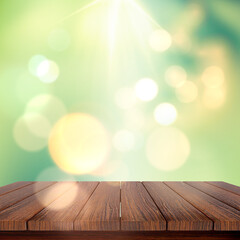 Naklejka na ściany i meble 3D render of a wooden table against a defocussed background