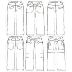 Silhouettes or technical lines of jean pants with seasonal cuts and pockets for men, boys, girls or women.