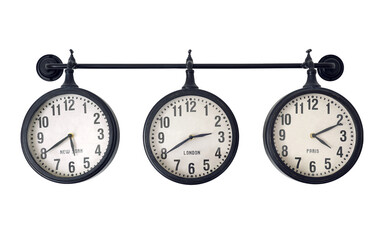 old fashioned three cities black and white traditional metal town wall clock on transparent background.