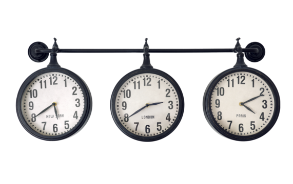 old fashioned three cities black and white traditional metal town wall clock on transparent background.