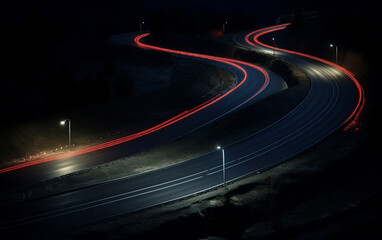 Fototapeta na wymiar Winding road at night, reflective pavement markings, pylons