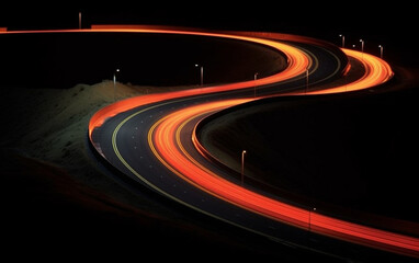Winding road at night, reflective pavement markings, pylons