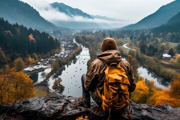 A man with a large backpack sits on the edge of a cliff and looks at a magnificent misty landscape. Hiking and mountain climbing as a way of life. Sports activities in autumn. AI generation