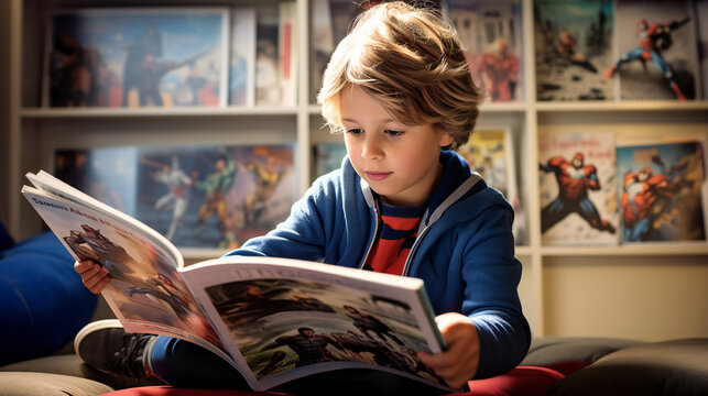 Boy reading a Comic Book with comic books blurred in the background, happy, occupied