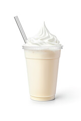 Vanilla milkshake in plastic takeaway cup isolated on white background