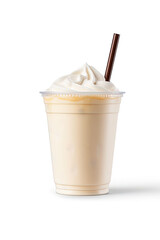 Vanilla milkshake in plastic takeaway cup isolated on white background