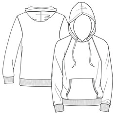 Silhouettes or technical lines of sweatshirts for both men and women for seasonal clothing, some with an opening in the front, bag and hood.