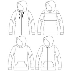 Silhouettes or technical lines of sweatshirts for both men and women for seasonal clothing, some with an opening in the front, bag and hood.