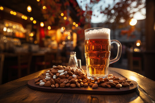Image of a large beer on a bar counter, accompanied by peanuts, depicting a relaxing and enjoyable moment. Generative Ai.