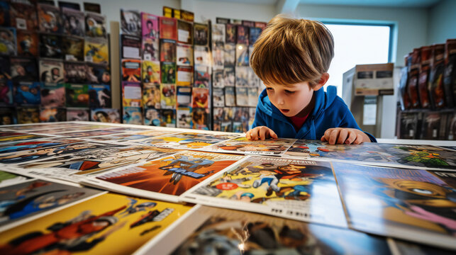 Child looking amazed at Comic Books in a shop