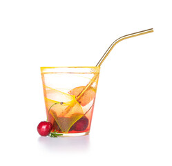 Glass of tasty cherry lemonade and rosemary on white background