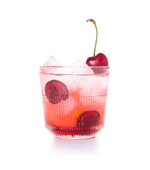 Glass of tasty cherry lemonade on white background