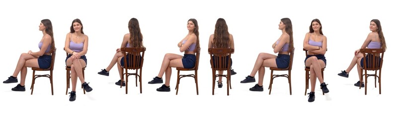 various poses of the same young woman with legs crossed dressed in sportswear on white background