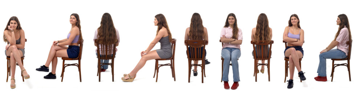 line of  the same girl in different outfits sitting on chair on white background