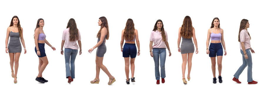 line of  the same girl in different outfits walking on white background