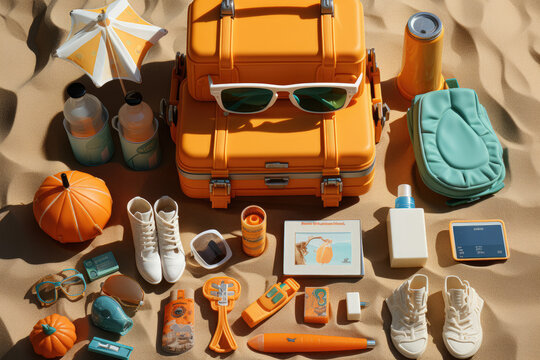 Enjoy quality time with your little one on a beach trip, as seen from a top view. Discover toys, a sandcastle set, a sunblock cream bottle, eyewear, rubber sandals. Generative Ai.