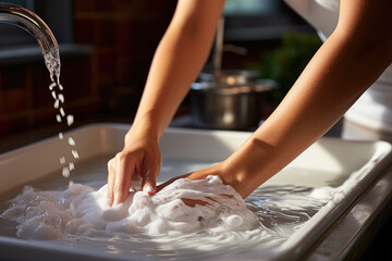 Using a sponge and baking soda, a woman diligently cleans a white sink, ensuring a pristine and hygienic appearance. Generative Ai.