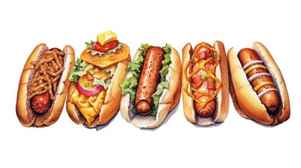 Hand drawn watercolor illustration of a four hot dogs on a white background.