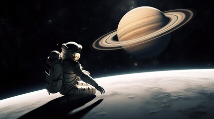 Astronaut sitzt auf einem fremden Planeten und beobachtet den Himmel. Forschung und Besiedlung neuer Galaxien. - obrazy, fototapety, plakaty
