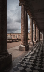 Picture with the exterior hall of Grand Trianon, a French Baroque style palace situated in the northwestern part of the Domain of Versailles