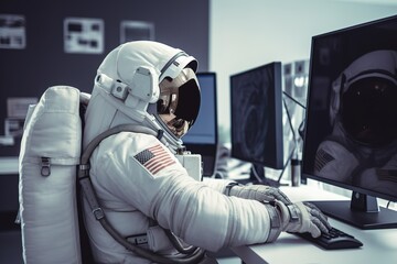 Astronaut im Astronautenanzug am Schreibtisch im Büro vor dem Laptop. - obrazy, fototapety, plakaty