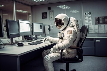 Astronaut im Astronautenanzug am Schreibtisch im Büro vor dem Laptop.