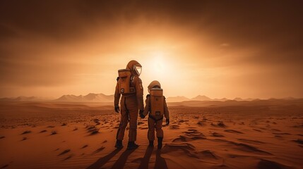 Vater und Sohn als Astronauten auf dem Mars. Den roten Planeten erkunden als Familie.