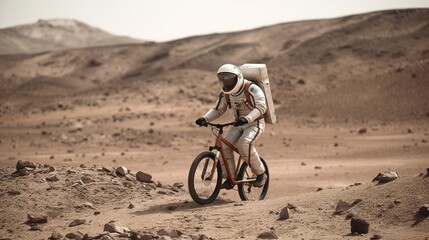 Astronaut auf dem Mars mit Fahrrad. 