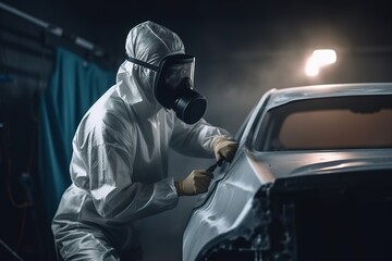 Autolackierer bei der Arbeit mit Schutzmaske und Schutzanzug. Autolackierung in der Werkstatt. 