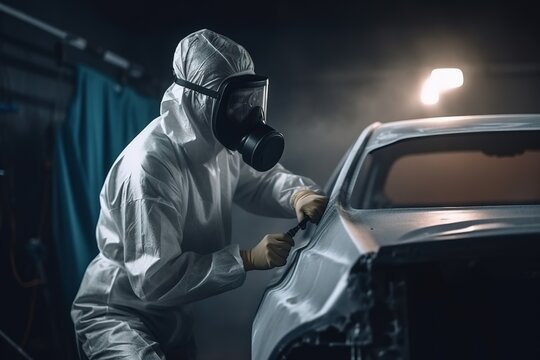 Autolackierer bei der Arbeit mit Schutzmaske und Schutzanzug. Autolackierung in der Werkstatt. 