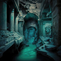 A waterway is inside the old castle, leading to the far side. ai generated.