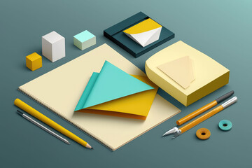 Flat style stationery stacked on top of each other, AI generated