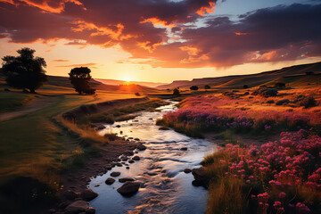 Fototapeta premium Sunset over a serene countryside landscape, invoking a sense of peace and tranquility. Generative Ai.