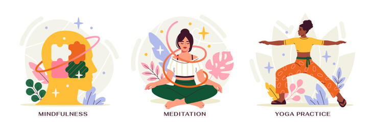 Human mental health. Set with yoga, meditation and mental fullness. Calm female characters in lotus and warrior position. Relaxed women releasing stress and anxiety. Cartoon flat vector illustrations