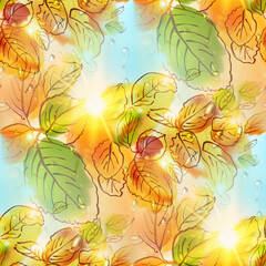 Fototapeta na wymiar Abstract seamless pattern with autumn leaves. Hand-drawn illustration.