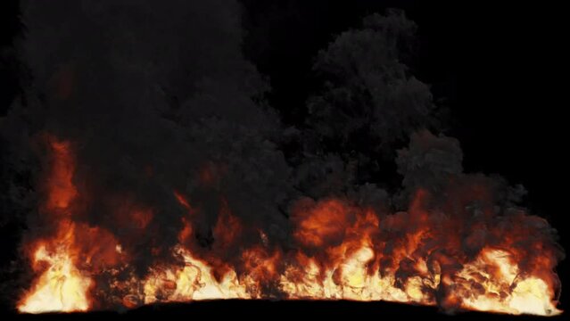 Huge raging ground fire with thick black smoke - 4K Pro Res - with alpha pass