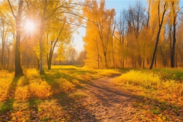 Golden color autumn forest landscape with red, orange foliage in the fall park.