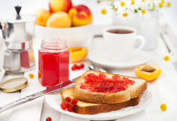 Breakfast: fresh toasts with homemade red currant marmalade, cup of coffee and fruits