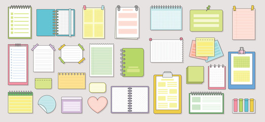 Notepads and notes set. Various colorful charter sheets and planners, notepads and ring pad, bookmarks and pages. Types of paper for write. Cartoon flat vector collection isolated on white background