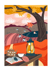 Autumn poster with leaves. September rural landscape with table and book, cup of tea and kettle. Poster with cozy atmosphere and leaf fall, trees and fall season. Cartoon flat vector illustration