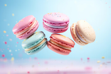 Macarons commercial shot, pastel sky background, colorful, rainbow, french cakes, pastry